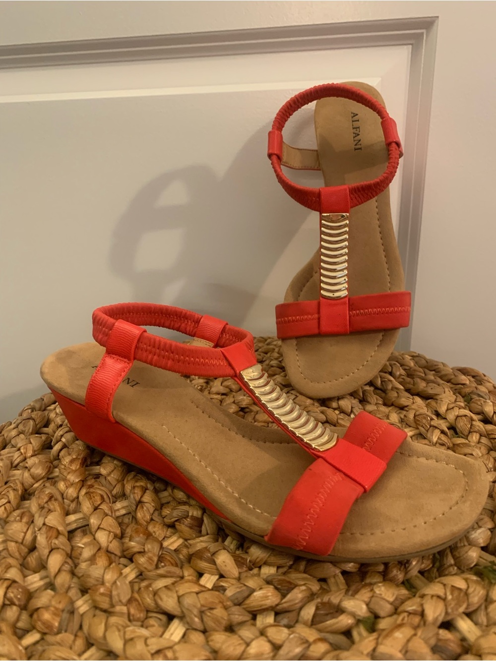 Alfani Coral Red T-Strap Wedge Sandals with Gold Accent Size 7.5